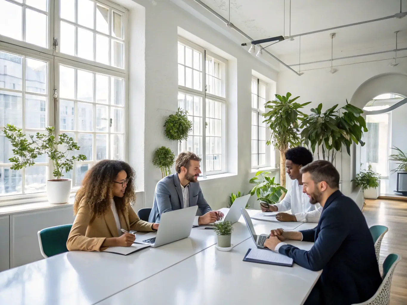 A dynamic image showcasing a team brainstorming session in a modern office setting, symbolizing ET Promotions' collaborative approach to digital marketing strategies.